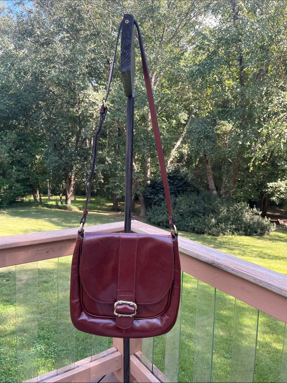 Women's Patricia Nash Dark Brown Leather Crossbody Bag with Decorative Buckle
